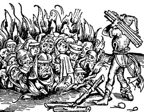 Сожжение брошенных в ров евреев. Гравюра, XV век.jpg